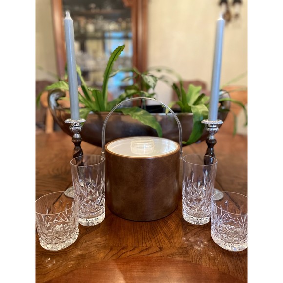 Vintage Georges Briard Tan Faux Leather Ice Bucket w/ Lucite Handle MCM - Picture 3 of 8